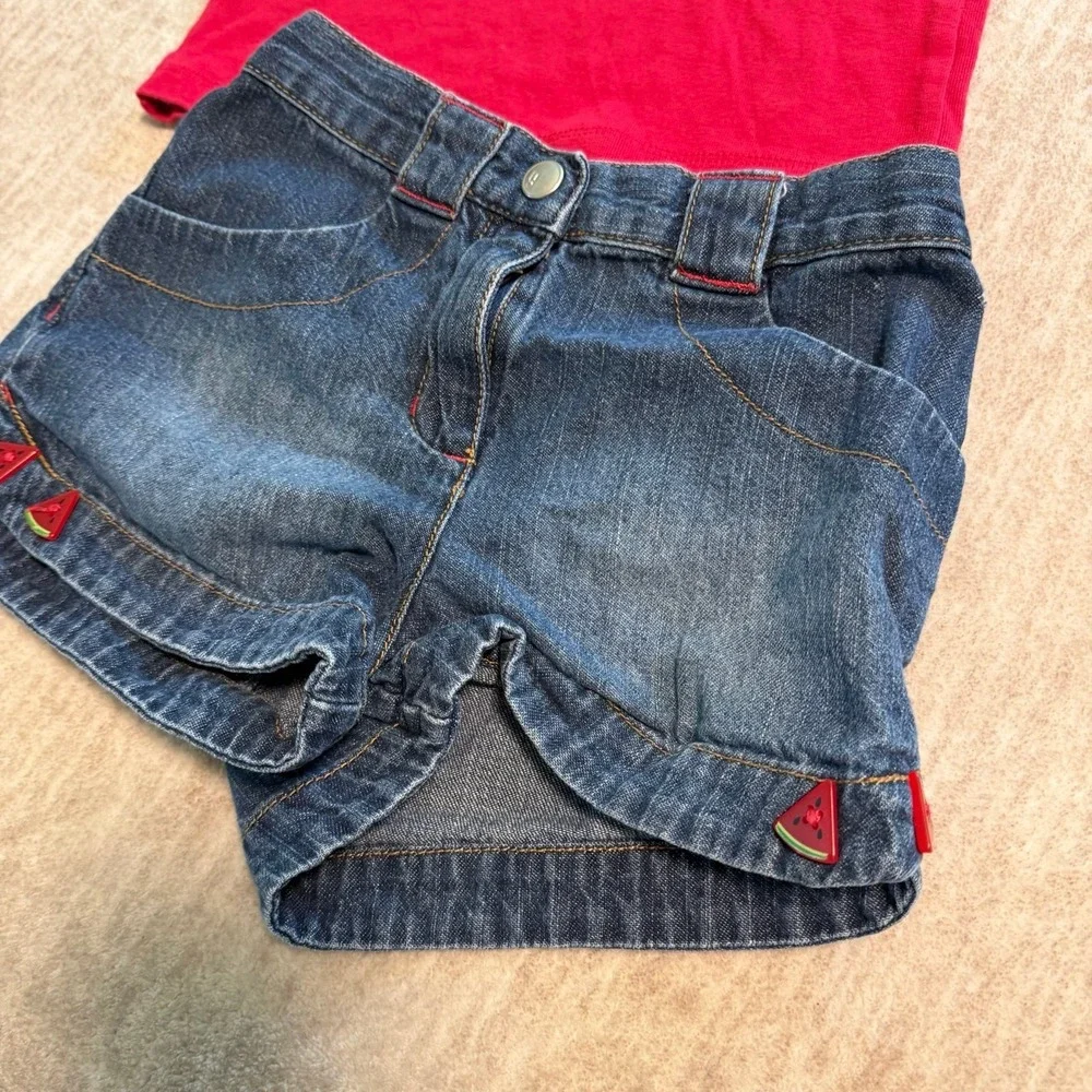 Gymboree Watermelon Outfit Set Girls Size 4T Denim‎ Shorts Pink Top Summer